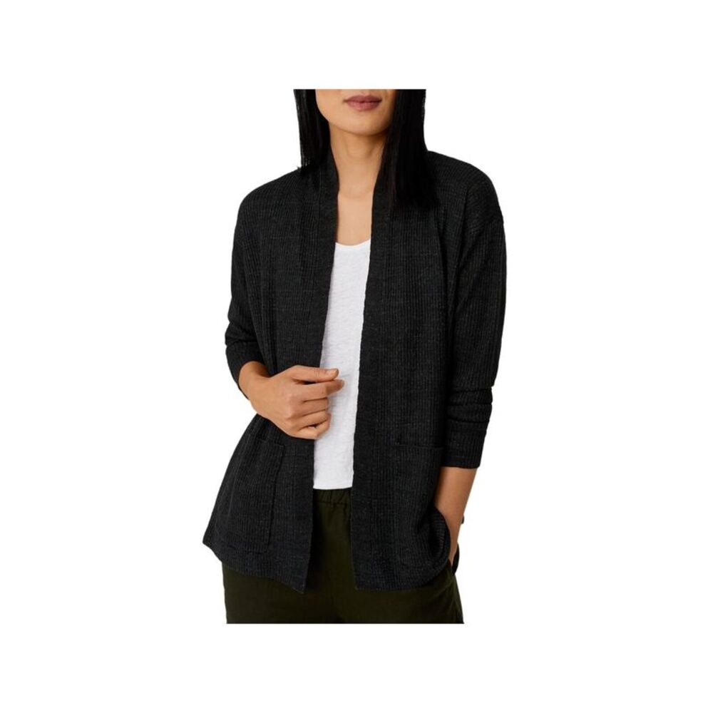 EILEEN FISHER Womens Green Ribbed Long Sleeve Open Cardigan Wear To Work Top M